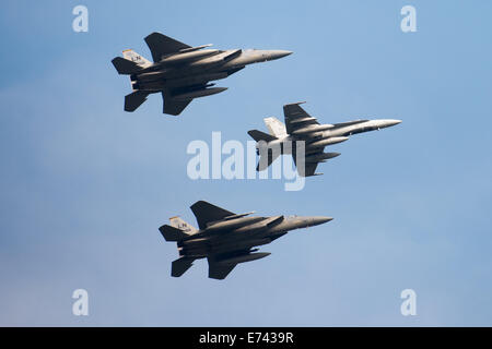 Un Canadese McDonnell Douglas CF-18 Hornet jet da combattimento (C) e due di noi McDonnell Douglas F-15 Eagle getti di volare al di sopra della sede del vertice della NATO a Newport, Galles, 05 settembre 2014. I leader del mondo da circa 60 paesi si sono riuniti per una due giorni di vertice della NATO da 04-05 settembre. Foto: Maurizio Gambarini/dpa Foto Stock