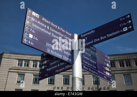 Cartello stradale con diverse destinazioni. Segnaletica turistica multidirezionali, per le attrazioni di Liverpool, Merseyside, Regno Unito Foto Stock
