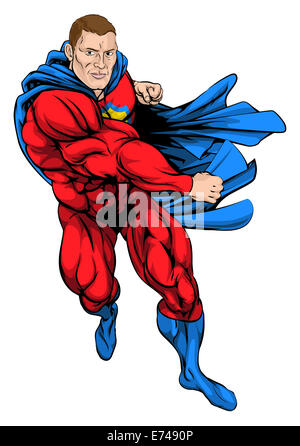 Un cartoon illustrazione di una dinamica del supereroe di punzonatura in cape Foto Stock