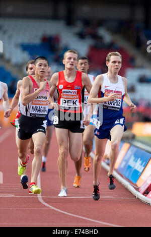 Daisuke NAKAGAWA, STEPHEN MORRIS & Daniel PEK Uomini 1500m T20, 2014 IPC Sainsbury's Birmingham Grand Prix, Alexander Stadium, REGNO UNITO Foto Stock