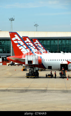 Tam Airbus A 320 nell'aeroporto Internazionale di Brasilia in Brasile Foto Stock