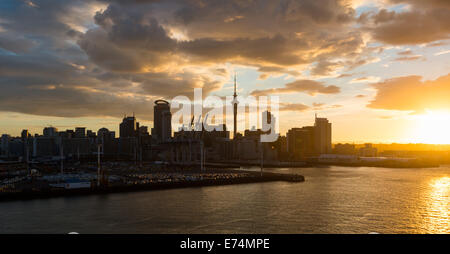 La nave di crociera lasciando sul porto di Auckland come il sole tramonta. Foto Stock