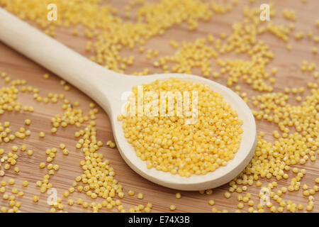 Miglio in cucchiaio di legno. Close-up. Foto Stock