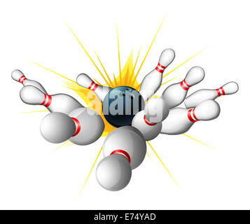Una illustrazione di una palla da bowling ottenendo uno sciopero con bowling pin inviati battenti Foto Stock