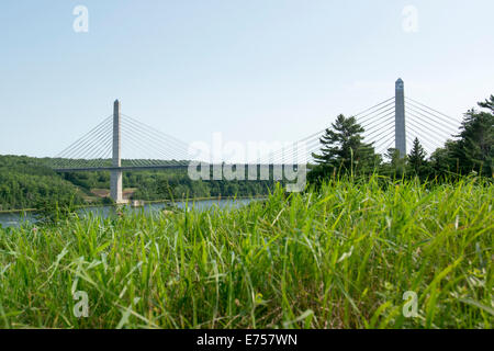 Penobsctot Narrows Bridge e la torre di osservazione, prospettiva, Maine, Stati Uniti d'America. Foto Stock