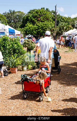 I bambini essendo tirato attorno ad un mercato degli agricoltori in little red wagon Foto Stock