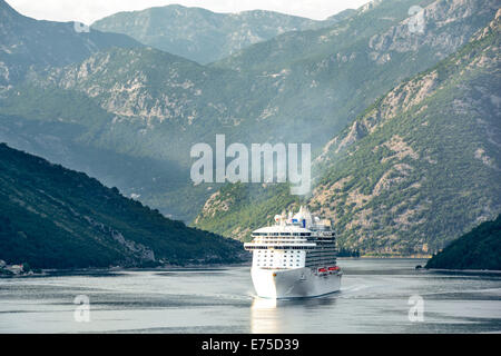 Nave da crociera transatlantico nave Regal Princess vela in fiordo come aspro paesaggio di Kotor Bay fuori del Montenegro verso l'Europa Adriatico mare Foto Stock