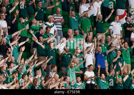 Budapest, Ungheria. Il 7 settembre, 2014. In Irlanda del Nord i fan celebrare durante l'Ungheria vs. Irlanda del Nord UEFA EURO 2016 qualifier partita di calcio a Groupama Arena il 7 settembre 2014 a Budapest, Ungheria. Credito: Laszlo Szirtesi/Alamy Live News Foto Stock