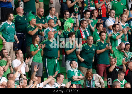 Budapest, Ungheria. Il 7 settembre, 2014. In Irlanda del Nord i fan celebrare durante l'Ungheria vs. Irlanda del Nord UEFA EURO 2016 qualifier partita di calcio a Groupama Arena il 7 settembre 2014 a Budapest, Ungheria. Credito: Laszlo Szirtesi/Alamy Live News Foto Stock