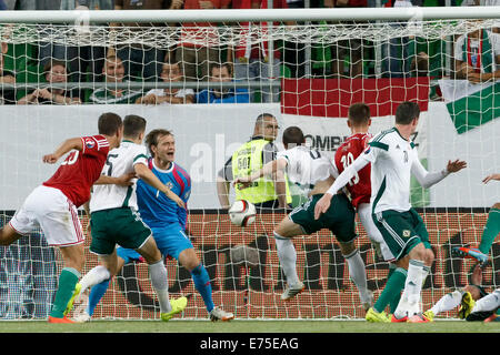 Budapest, Ungheria. Il 7 settembre, 2014. Nord-irlandese Roy Carroll (1) diventa il solo obiettivo ungherese durante l'Ungheria vs. Irlanda del Nord UEFA EURO 2016 qualifier partita di calcio a Groupama Arena il 7 settembre 2014 a Budapest, Ungheria. Credito: Laszlo Szirtesi/Alamy Live News Foto Stock