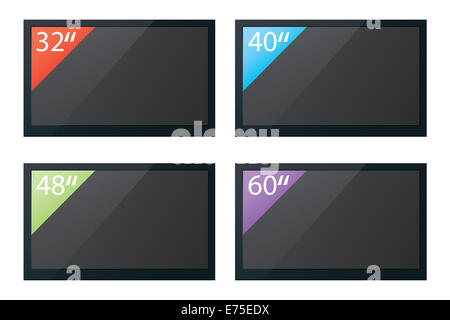 Una illustrazione di televisori a schermo piatto isolato con schermi di dimensioni diverse Foto Stock