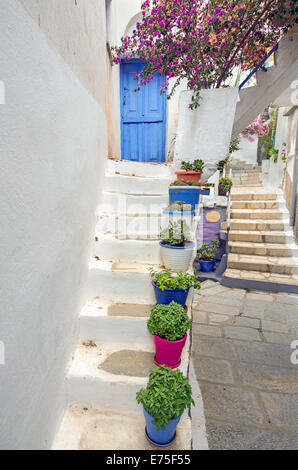 Un pittoresco lastricato in pietra alley-modo nel tradizionale insediamento medievale di Kardiani nell isola di Tinos, Cicladi Grecia Foto Stock