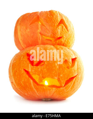 Incandescente Zucche di Halloween isolati su sfondo bianco Foto Stock
