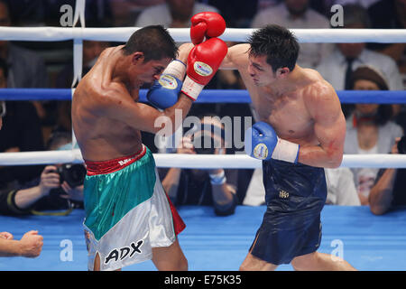 Punti dopo il decimo round. 5 Sep, 2014. (L-R) Adrian Luna (MEX), Ryota Murata (JPN), 5 settembre 2014 - Pugilato : Boxe medio peso bout a Yoyogi 2a palestra, Tokyo, Giappone. Ryota Murata ha vinto la lotta su punti dopo il decimo round. © Yusuke Nakanishi AFLO/sport/Alamy Live News Foto Stock