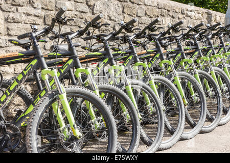 Una fila di montagna Biked per noleggio, Wiltshire, Inghilterra, Regno Unito Foto Stock