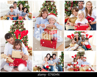 Immagine composita del collage di famiglie festeggiano il Natale insieme a casa Foto Stock