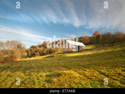 Fienile nella valle del Wye Area di straordinaria bellezza naturale, in condizioni di intensa luce solare di autunno Foto Stock