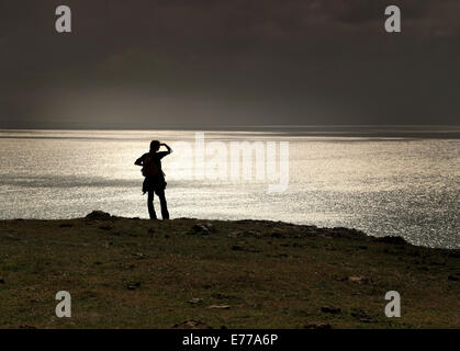 Donna che guarda al mare argenteo stagliano in condizioni di luce intensa Foto Stock