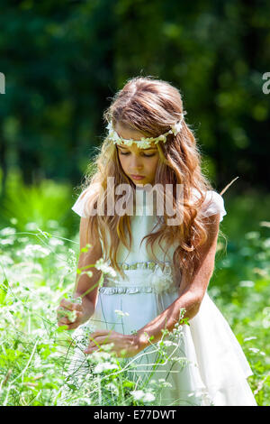 Close up ritratto della ragazza carina a caccia di fiori di campo. Foto Stock