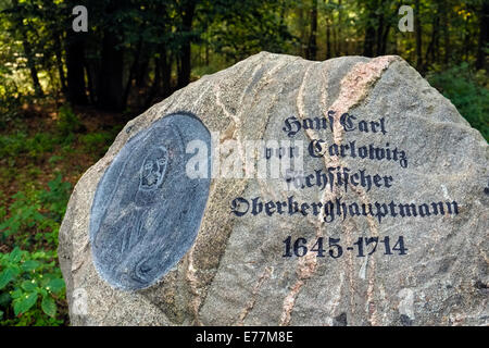 Lapide alla Hanns Carl v. Carlowitz vicino a Klein Behnitz, Brandeburgo, Germania Foto Stock