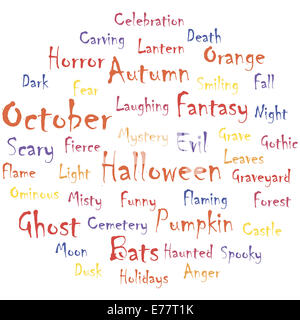 Halloween mistero del concetto di cloud di parola. Illustrazione fatta nel vettore. Foto Stock