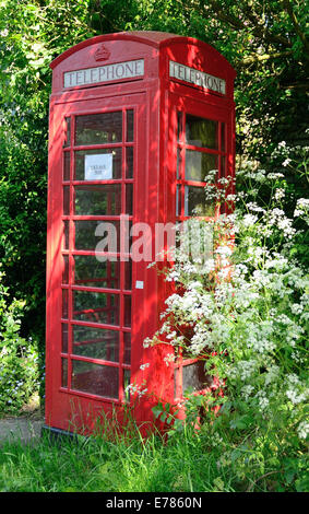 Ridondante telefono rosso scatola in posizione di villaggio, ora utilizzato per la visualizzazione di informazioni locali. Foto Stock