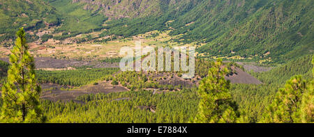 Il giovane cono vulcanico del Montana con Quemada La Cumbre Nueva ridge dietro, dal di sopra El Pilar, Cumbre Vieja, La Palma Foto Stock