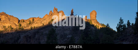 Serie di pinnacoli rocciosi tra cui Roque de Aguja (l'ago), La Rana (rana) e Roque Nublo, Gran Canaria Foto Stock