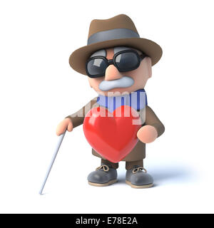 3D render di un non vedente senior citizen tenendo un cuore rosso Foto Stock