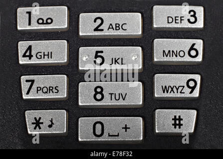 Tastiera del cellulare, ruvida nera con pulsanti di argento. Macro closeup Foto Stock