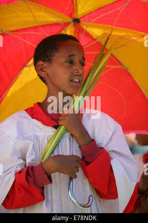 Ragazzo sotto un grande ombrello con foglie di palma in mano. La domenica delle Palme processione in Adigrat, Etiopia Foto Stock