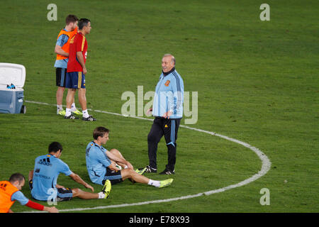 Spains soccer team nazionale allenatore Vicente del Bosqueand aother national team di giocatori visto durante una sessione di formazione in Mallorca. Foto Stock