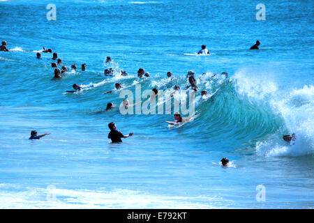 Surfers godendo delle onde sulla costa d'Oro in Australia Foto Stock