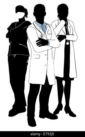 Un team medico di medici o chirurghi con camici e scrub, maschere chirurgiche e stetoscopi in silhouette Foto Stock