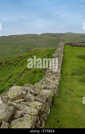 Estese rovine dell antica fortificazione romana a Hardknott Pass circondato dalle cime delle montagne e delle valli del Lake District inglese Foto Stock