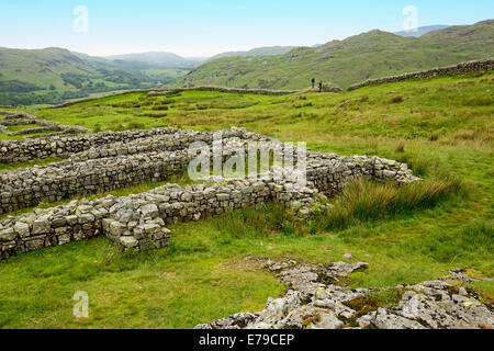 Estese rovine dell antica fortificazione romana a Hardknott Pass circondato dalle cime delle montagne e delle valli del Lake District inglese Foto Stock