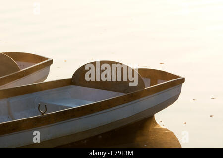 Barca a remi legati, misty all'alba, Stratford-upon-Avon, Regno Unito Foto Stock