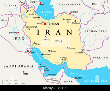 Iran Mappa Politico con capitale Teheran, confini nazionali più importanti città, fiumi e laghi. Etichetta inglese e la scala. Foto Stock