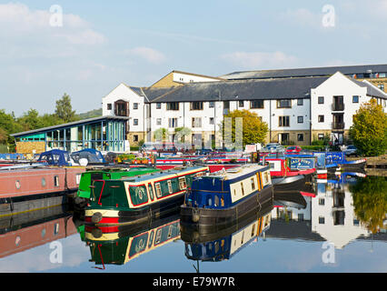 Narrowboats nel ponte Apperley Marina, sul Leeds e Liverpool canal, tra Bingley e Leeds, West Yorkshire, Inghilterra, Regno Unito Foto Stock