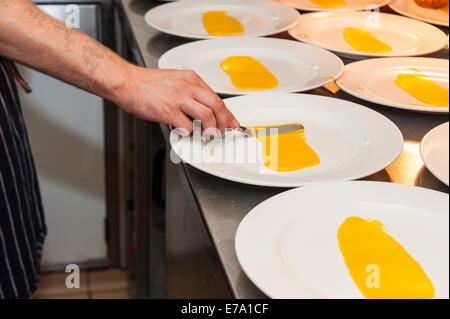 Brighton, East Sussex, Regno Unito. 10 Settembre, 2014. La placcatura di lombo di cervo di essere accompagnato da Morellino di Scansano Bronzone, Marchese Mazzei. Lo chef Rob Carr crea un assaggio del gioco Cena in Hotel du Vin Brighton per BHFDF utilizzando locali di cacciagione da South Downs Cacciagione e selvaggina, Sussex formaggi da La Grotta a Fromage. Accompagnati da vini e alcolici dal Sussex produttori Ridgeview e Bolney Estates, Blackdown spiriti e Enotria. Credito: Julia Claxton/Alamy Live News Foto Stock