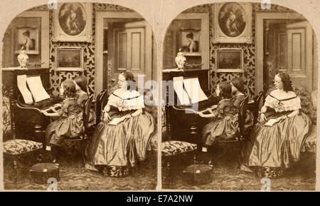 La donna seduta dietro due ragazze seduto suonare il pianoforte, serate musicali, scheda Stereo, circa 1890 Foto Stock