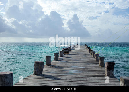 Dock in legno che conduce nelle acque turchesi dei Caraibi Messicani Foto Stock