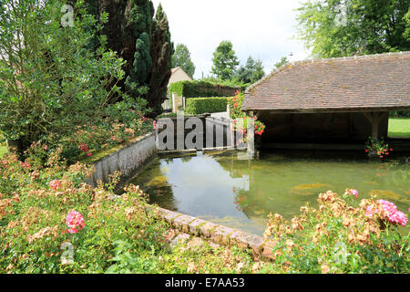 Fonte di Le Loir river, stagno e lavatoio (laverie) a Chemin de Vieux Lavoir, Saint Eman, Eure et Loir, centro, Francia Foto Stock