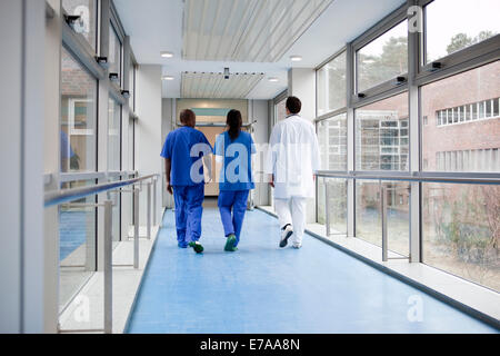 Tre i professionisti medici camminando insieme lungo un corridoio in un ospedale, vista posteriore Foto Stock