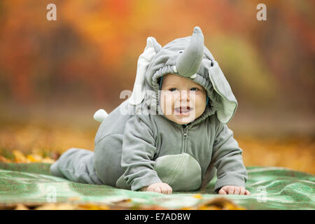 Baby boy vestito in costume di elefante in autunno park Foto Stock