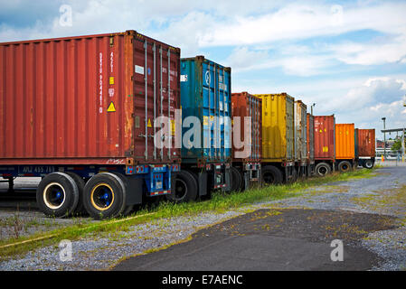 Spedizione colorati ai contenitori di carico montate su carrelli e pronto per il trasporto in Kingsport Tennessee Foto Stock