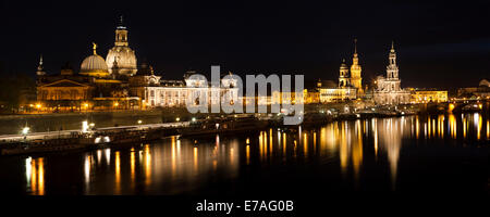 Il quartiere storico di Dresda con il fiume Elba in primo piano al crepuscolo, Dresda, Sassonia, Germania Foto Stock