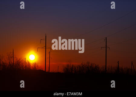 Poli di linee di alimentazione al tramonto - industrial bellissimo paesaggio Foto Stock