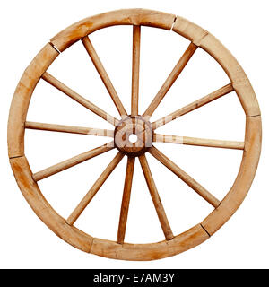 In legno antico grunge ruota del carro in stile country isolato su uno sfondo bianco Foto Stock