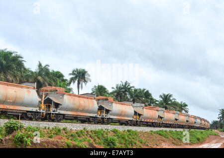 Treno merci in Sierra Leone, tra Port Loko e lungi, illustrante la gli investimenti cinesi in Africa Foto Stock